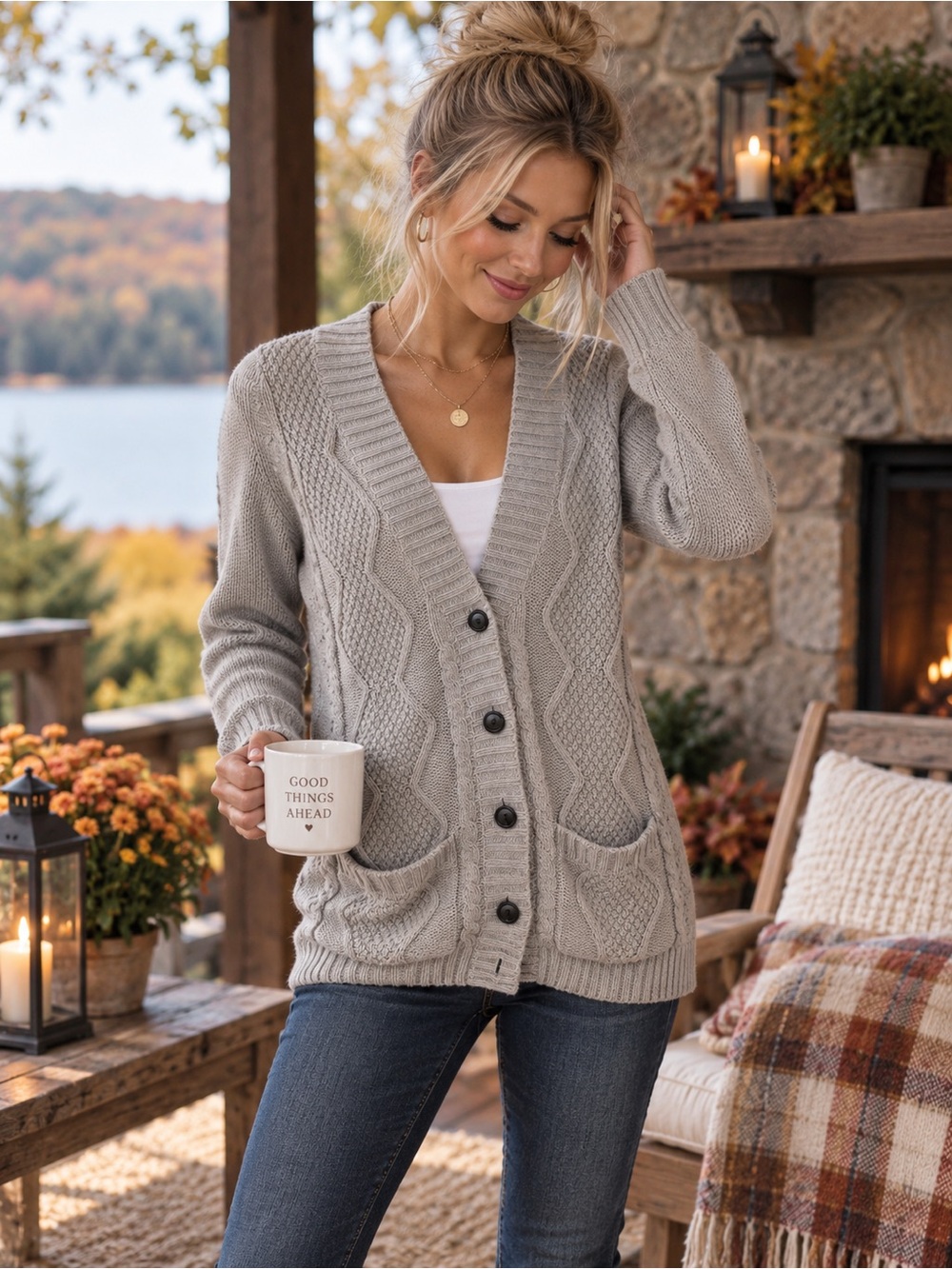 VENUS Light Gray Cable Knit Button-Front Cardigan- XS